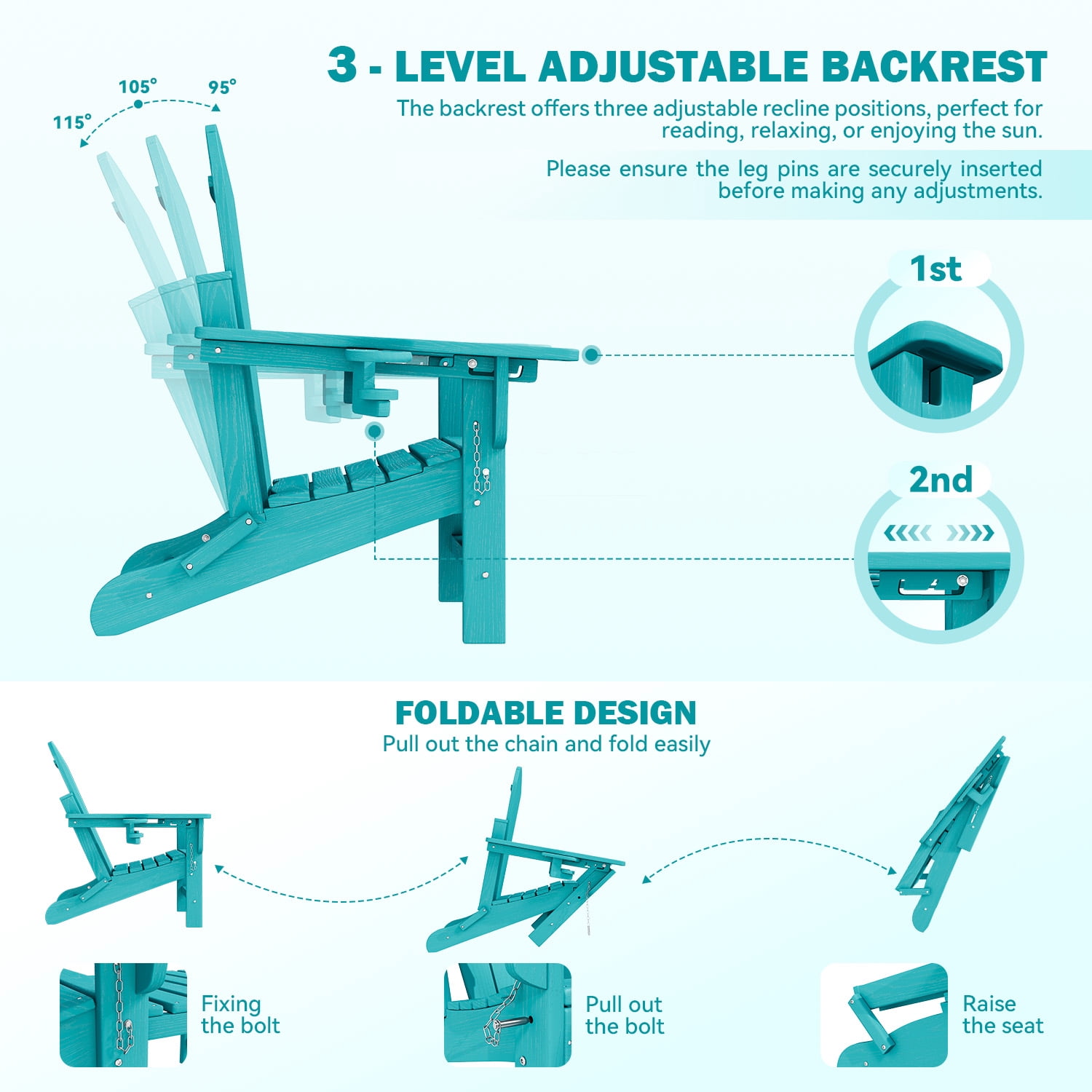 Erinnyees 3-Level Adjustable Adirondack Chair with Retractable Ottoman, HDPE All-Weather Folding Fire Pit Chair with 2 Cup Holders, Outdoor Chair for Garden