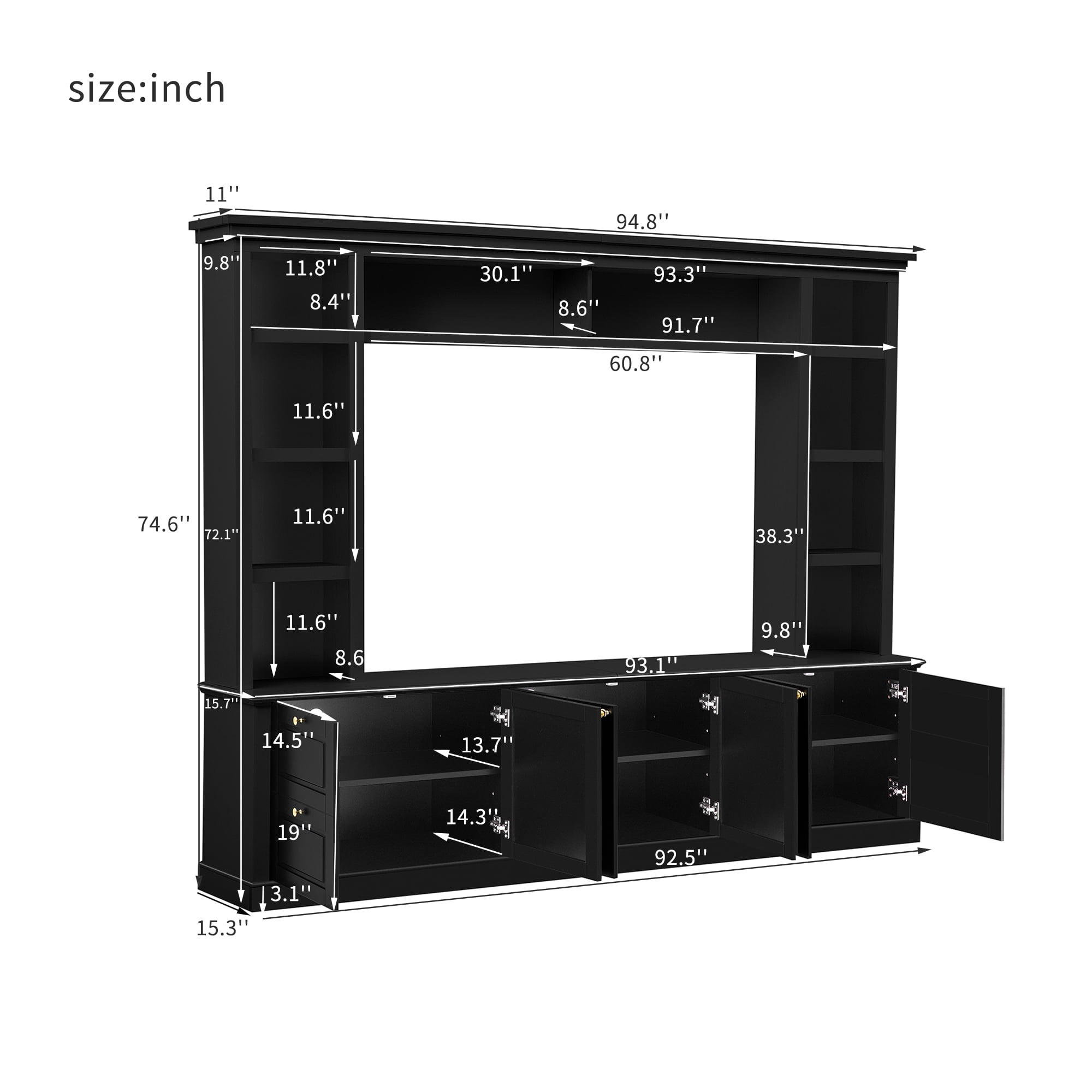 Euroco Modern TV Stand with Bookcase for TVs up to 70 inch, Entertainment Center with 3 Adjustable Shelves, for Living Room, Display Storage Cabinet, Ample Storage Space TV Stand