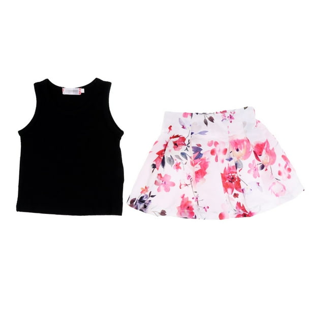 Ropa para niña bebé, conjunto con falda floral, chaleco, tops de verano de algodón negro, ropa de tirantes 3 años