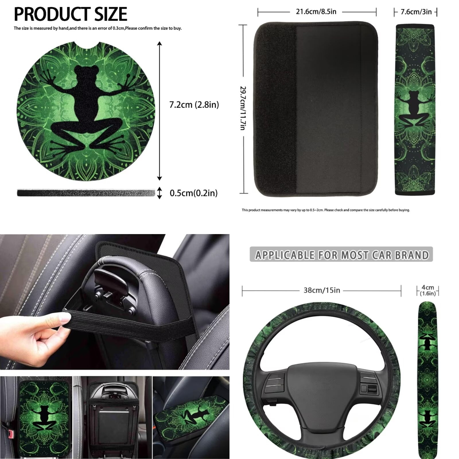 LedBack Boho Frog Printed Car Seat Covers Full Set for Women Men, Neoprene Steering Wheel Cover Seatbelt Front Rear Seat Backrest Bottom Universal Fit Most Vehicles Easy to Install