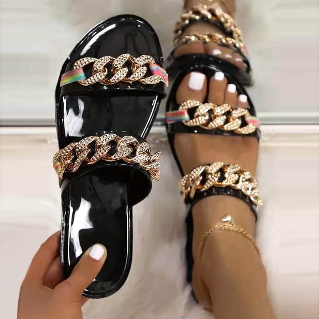 Sandalias Mujer Zapatillas planas Cadena Punta abierta Cómoda Playa Zapatos romanos Flip Flop Wmkox8yii hj789