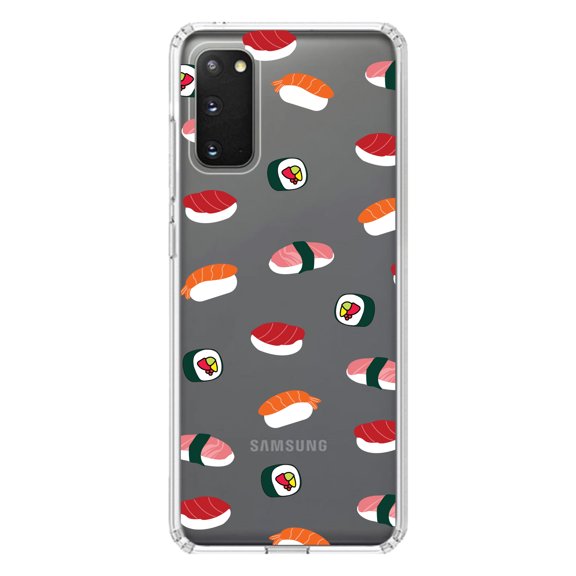 DistinctInk Clear Shockproof Hybrid Case for Galaxy S20 / S20 5G (6.2" Screen) - TPU Bumper, Acrylic Back, Tempered Glass Screen Protector - Cartoon Sushi