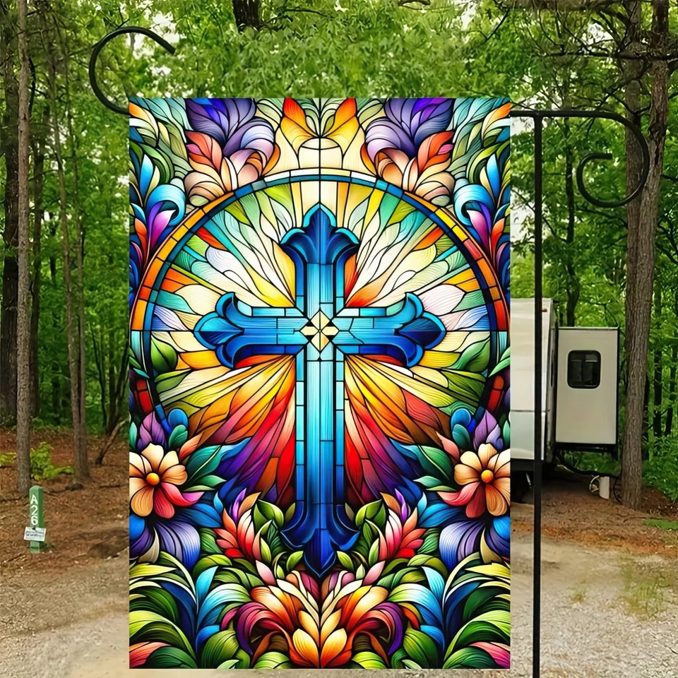 PURELY- Vibrant Stained Glass Cross Garden Flag 12X18 Inch Christian Outdoor Decor