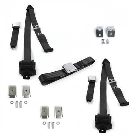 safeTboy 685107 Black Retractable Bench Seat Belt Kit with Bracketry for 1980-1986 F150 Ford Truck Airplane 3 Point - 3 Belts