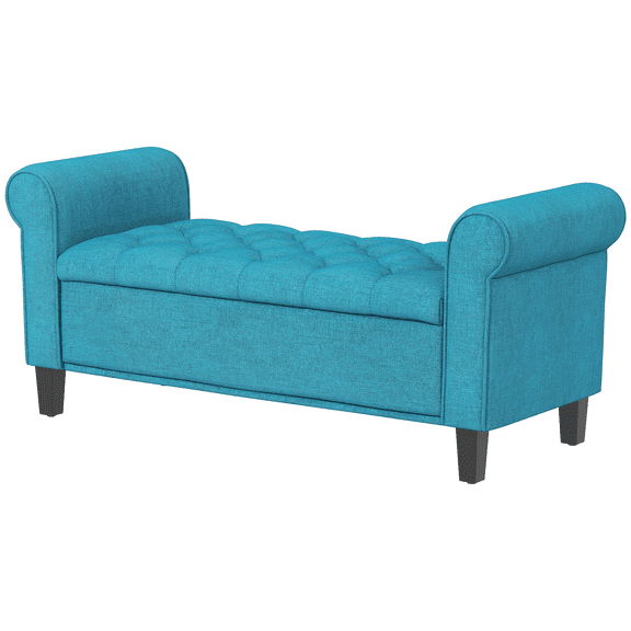 50 Inch Storage Ottoman, Teal End of Bed Bench - Button Tufted, Velvet, Rolled Arms, Wood Legs - Living Room, Bedroom Seating