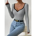 thumbnail image 5 of Women'S Sweetheart Neck Long Sleeve T Shirt Rib Knitted Contrast Binding Tee Tops Grey XL, 5 of 6