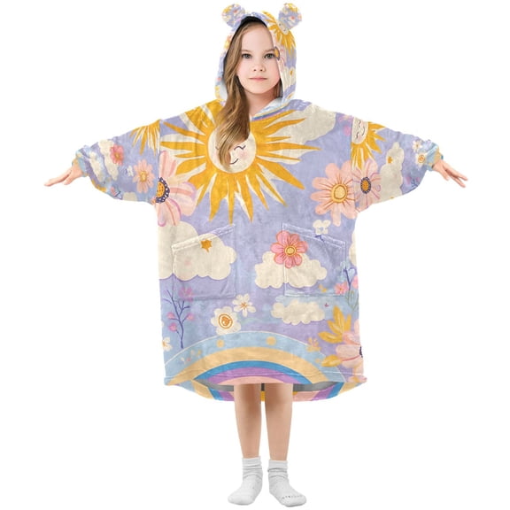 FORMRS Wearable Blanket Hoodie with Sleeves for Kids Cozy Flannel Sweatshirt, Purple Clouds