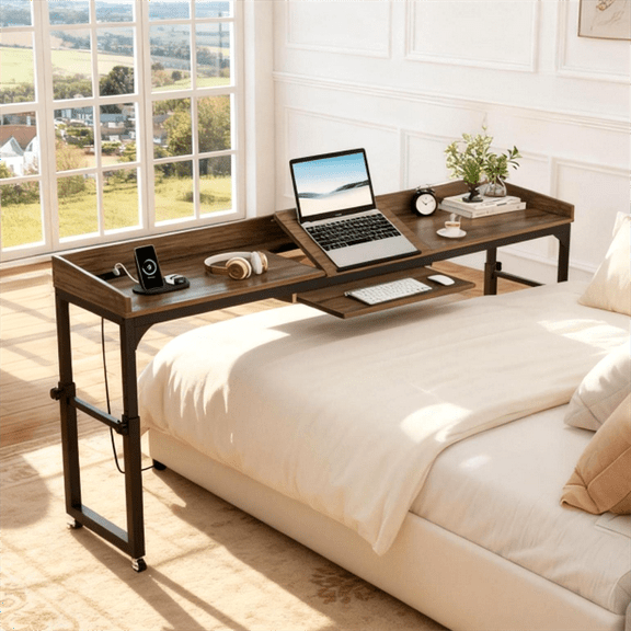Fnova Overbed Table with Wheels, Height Adjustable Rolling Desk with Power Outlets & USB Ports, Tiltable Stand, for Queen Bed, Laptop Computer, Portable Hospital Home Use