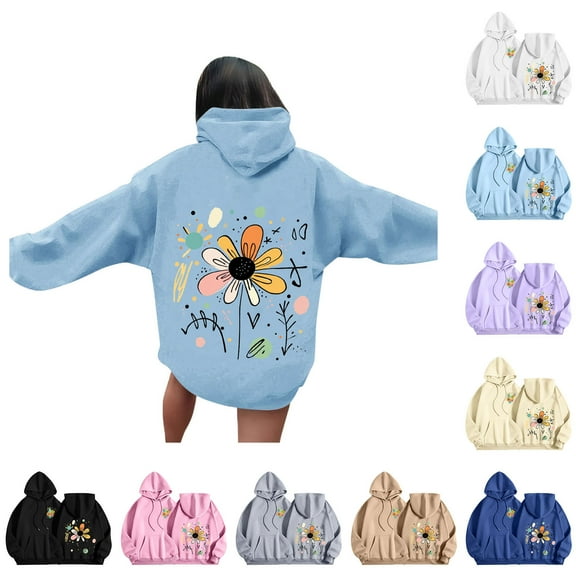 BiZtdJrK Womens Graphic Hoodies Cute Flower Print Long Sleeve Sweatshirts Drawstring Fall Fashion Hooded Pullover with Pockets Beige XL