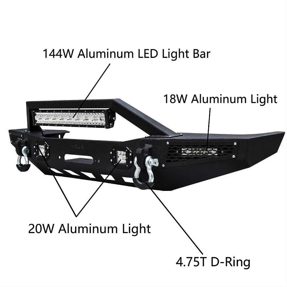 Vijay Compatible with 1984-2001 Jeep Cherokee XJ Front Bumper Textured Black Steel with Light and D-ring