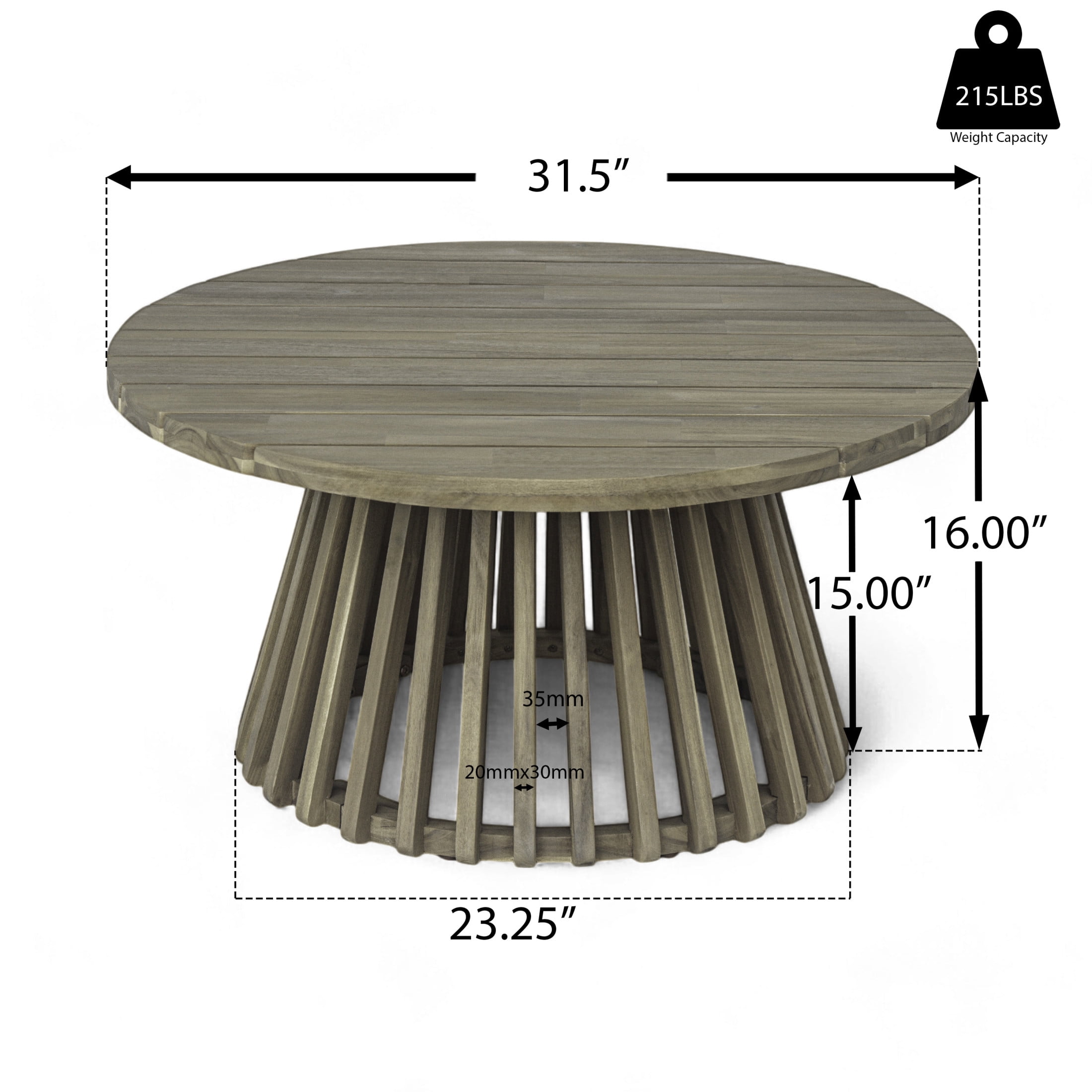Christopher Knight Home 31.5" Outdoor Round Coffee Table, Acacia Wood Patio Table with Slatted Base, Gray