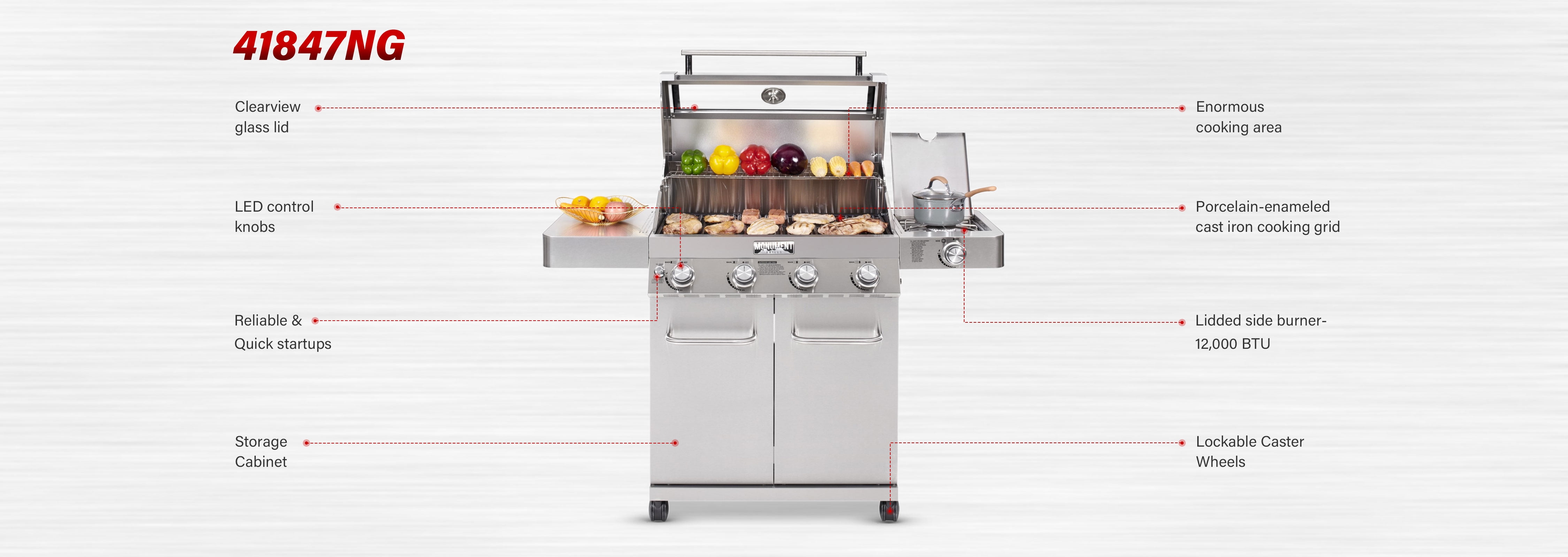 Monument Grills 4-Burner Natural Gas Grill in Stainless with Clear View Lid, LED Controls, Grill Cover, and Side Burner