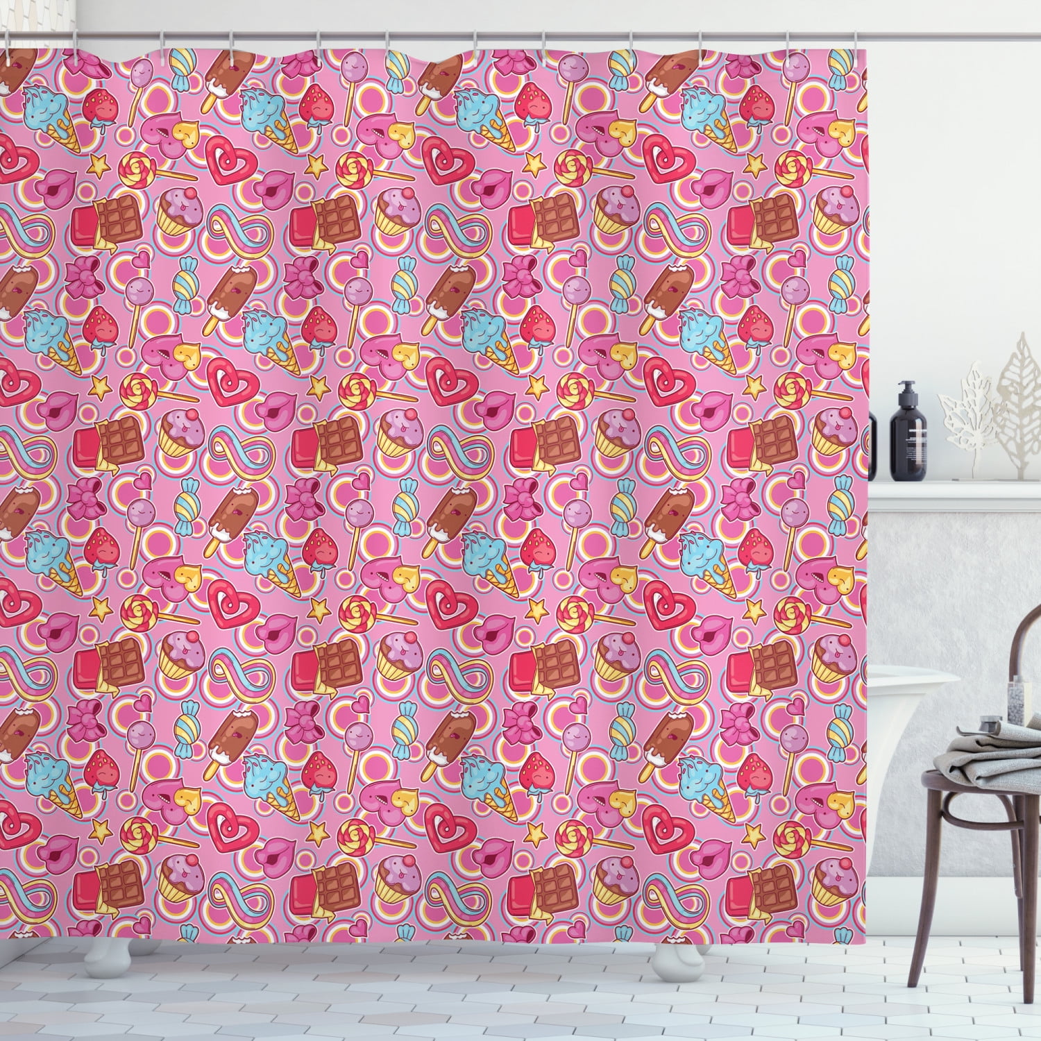 Crazy Shower Curtain, Sweets Pattern with Cartoon Style Candies and