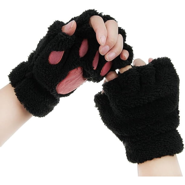 Guantes de pata de gato sin dedos, de piel sintética y felpa, cálidos guantes de medio dedo para invierno, bonitos guantes de cosplay con pata de gato, guantes de felpa peludos para mujeres y niñas.