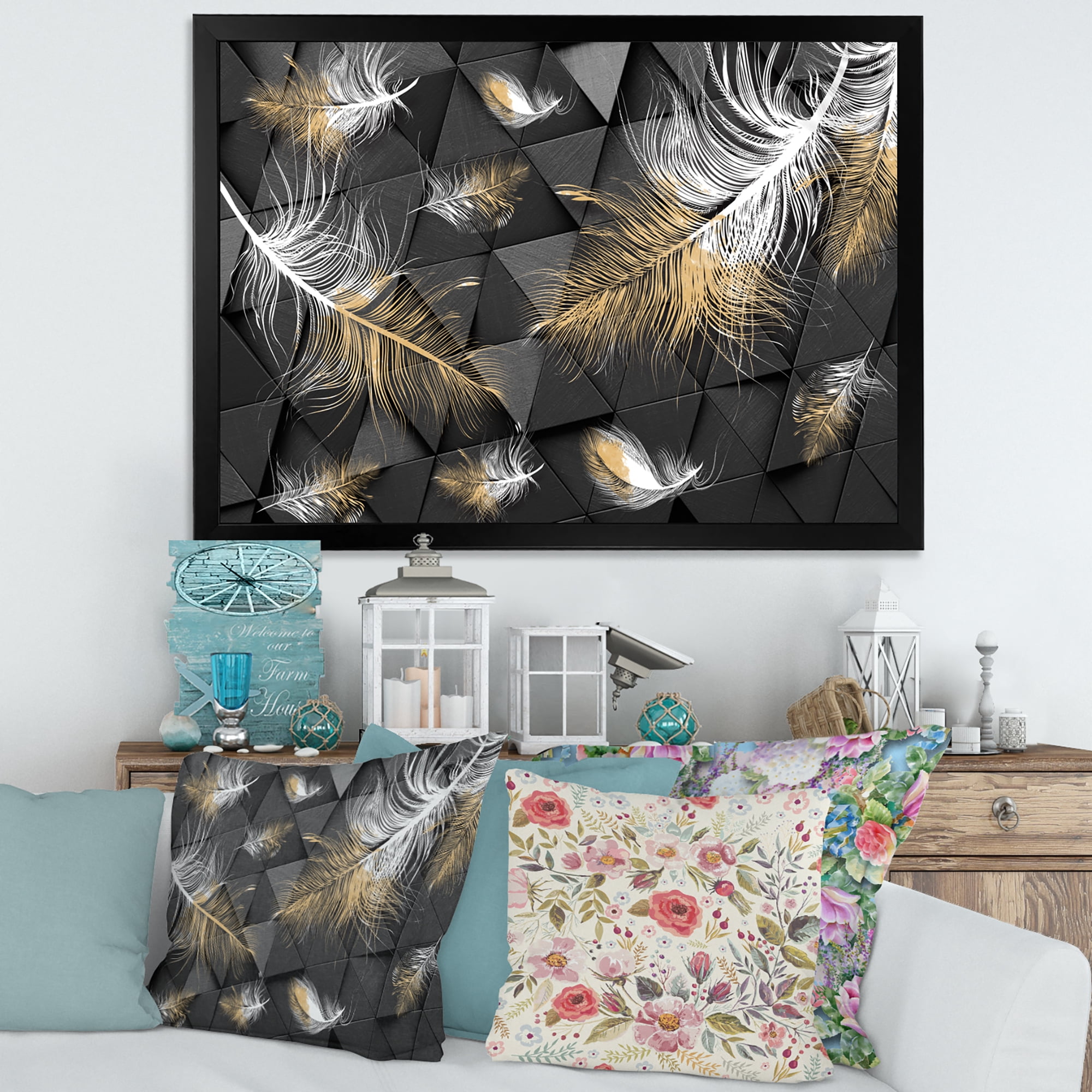 Designart 'Gold and White Feathers On Triangular' Modern Framed Art Print