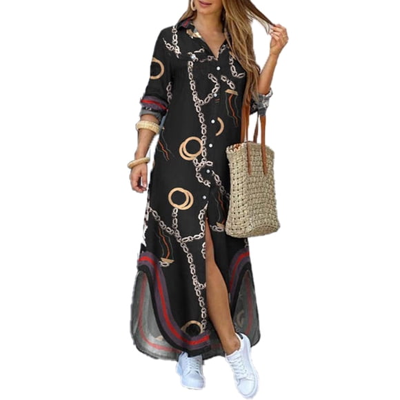 Tralilbee New Long Sleeve Printed Fashion Modern Pattern Dress Cowgirl Long Dress with Pocket Button Shirt Casual Loose Plus Size Women Dress