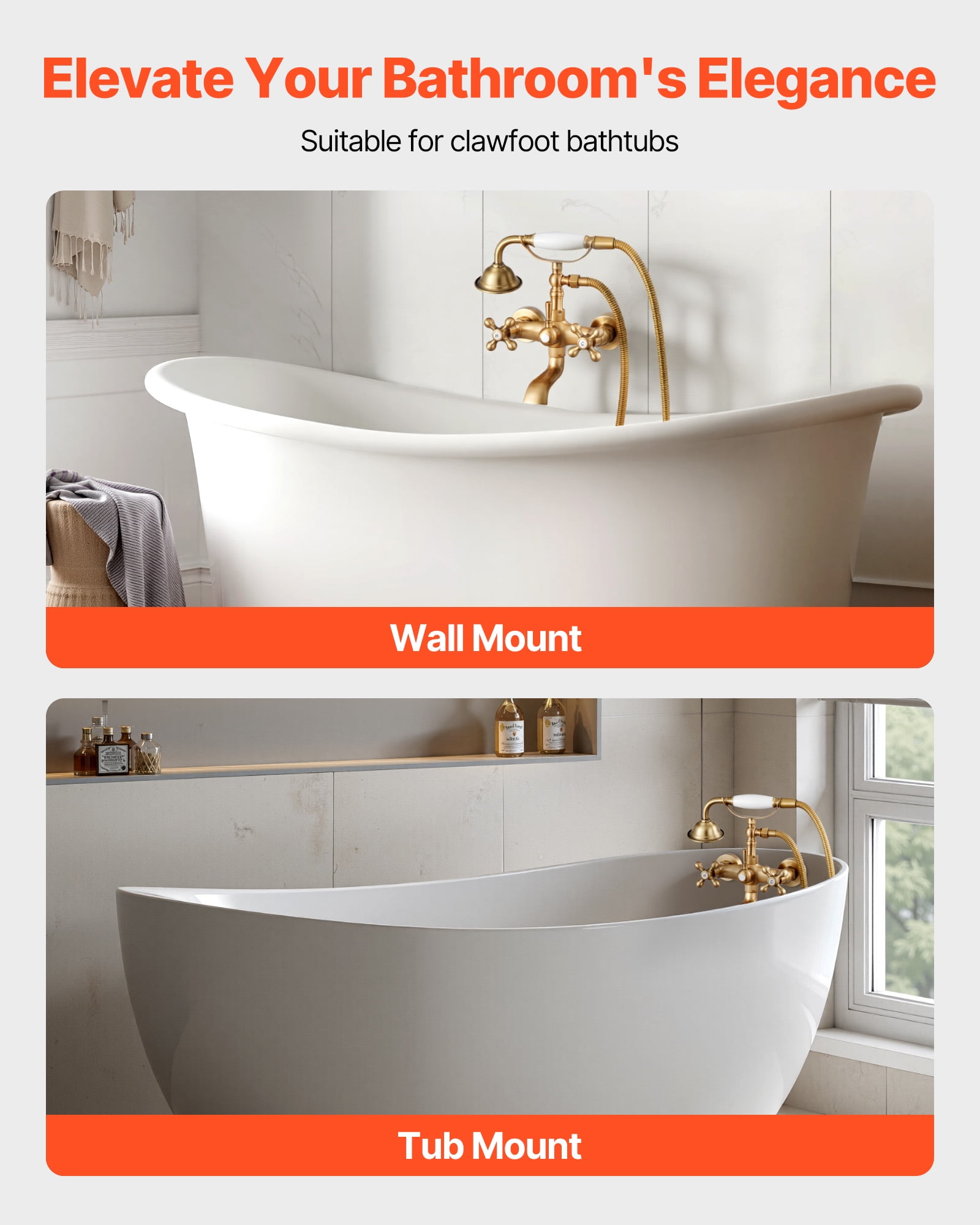 VEVOR Clawfoot Tub Faucet, Wall Mount Bathtub Faucets with Handheld Shower, Vintage Brushed Gold Clawfoot Tub Filler Faucet Shower Kit with Adjustable Swing Arms & 360° Rotation Spout for Bathtubs