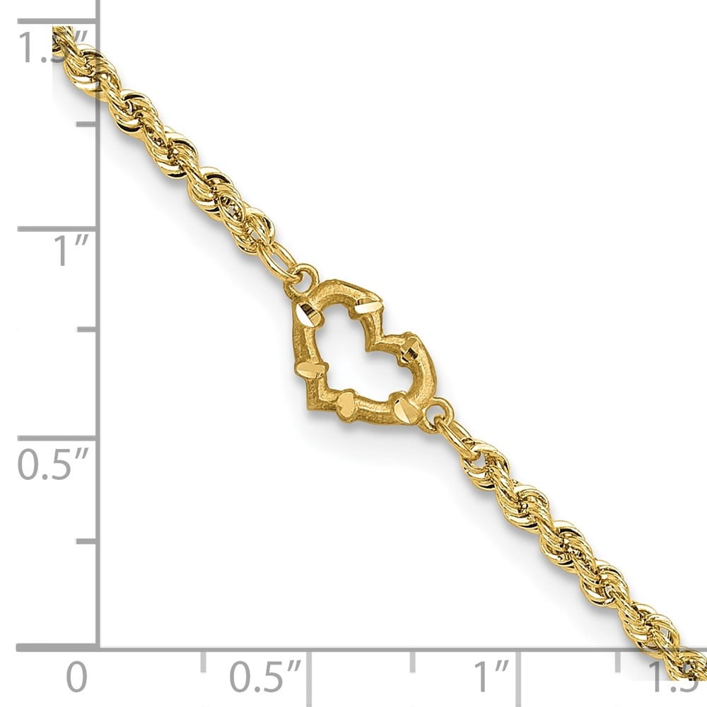14K Yellow Gold Diamond-Cut Open Heart Rope Chain Anklet Valentine Day Gift for Women 9"
