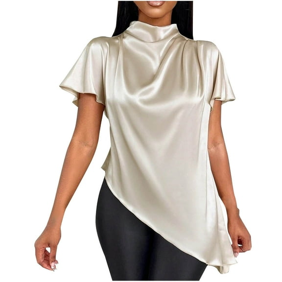 New summer arrivals Olyvenn Women's Satin Mock Neck Short Sleeve Draped Front Work Office Blouse Top Batwing Sleeve Irregular Hem Blouse Shirts Beige XL