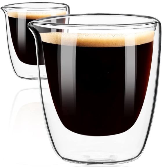 Baalaka Espresso Cups Set of 2, 2.7 oz Double Walled with Spout, High Borosilicate Clear Glass Coffee Accessories