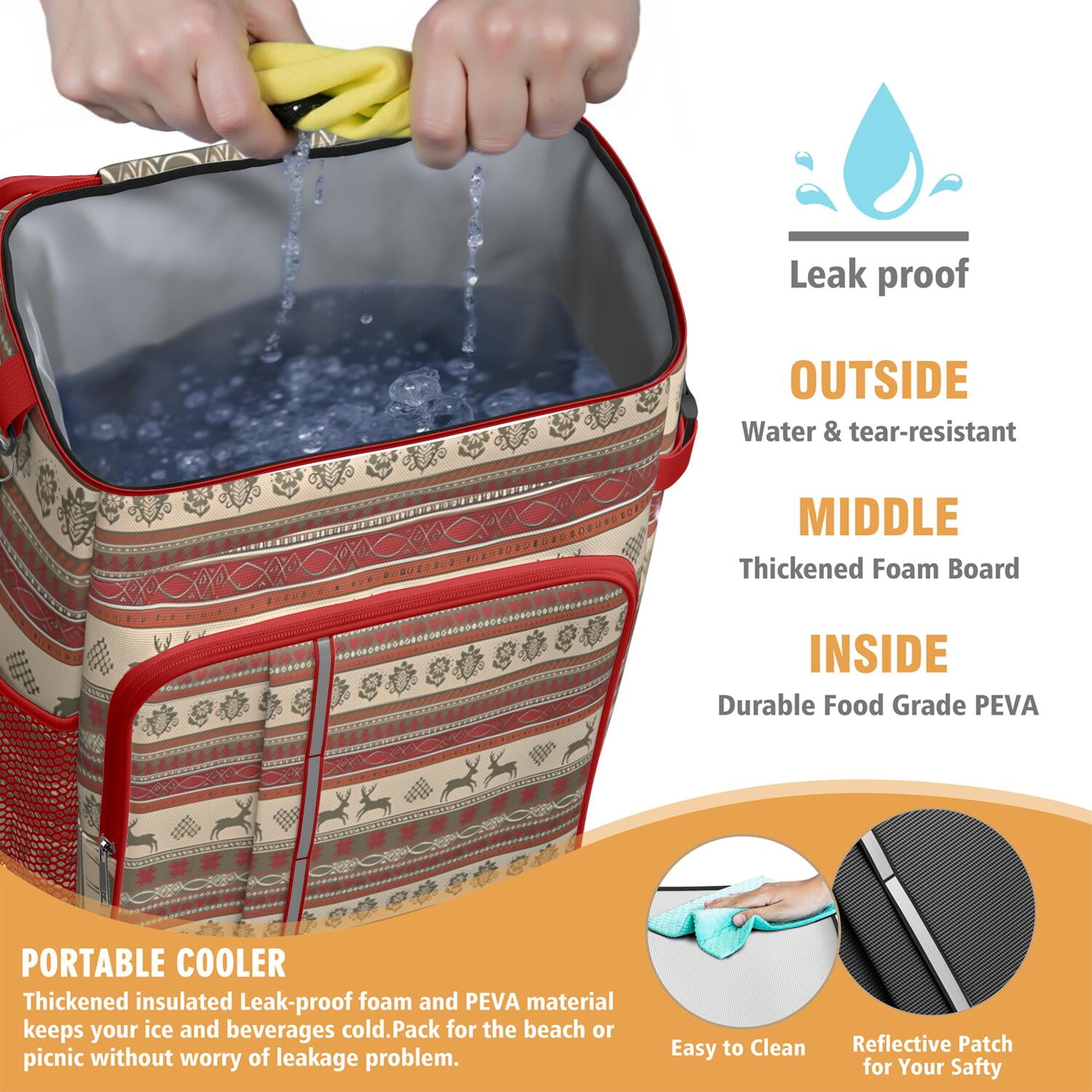 Travel Cooler Bag - Red and Brown Christmas Pattern Camping Beer Cooler Backpack with Bottle Opener- Waterproof Insulated Picnic Backpacks - Cooler Bag for Beach