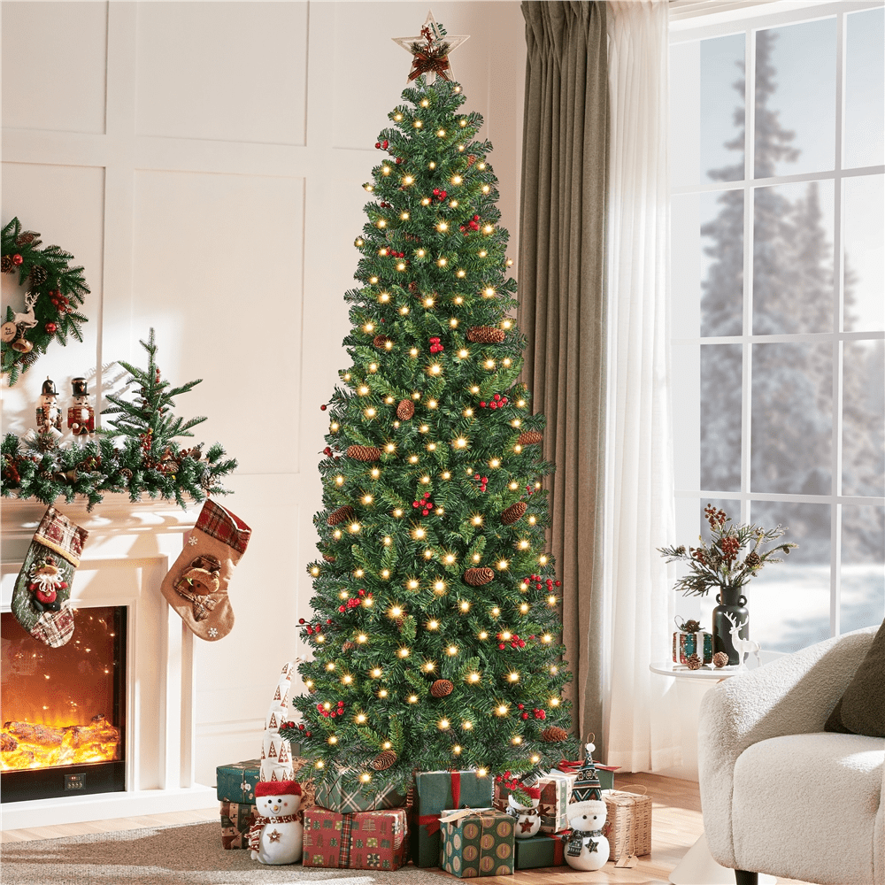 Alden Design 7.5Ft Pre-lit Artificial Christmas Tree with Pinecones & Holly Berries, Green