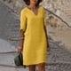 thumbnail image 2 of vestido de media manga con cuello en v de lino de algodón de color sólido retro de verano para mujer vestido ligero y transpirable amarillo/l, 2 of 5