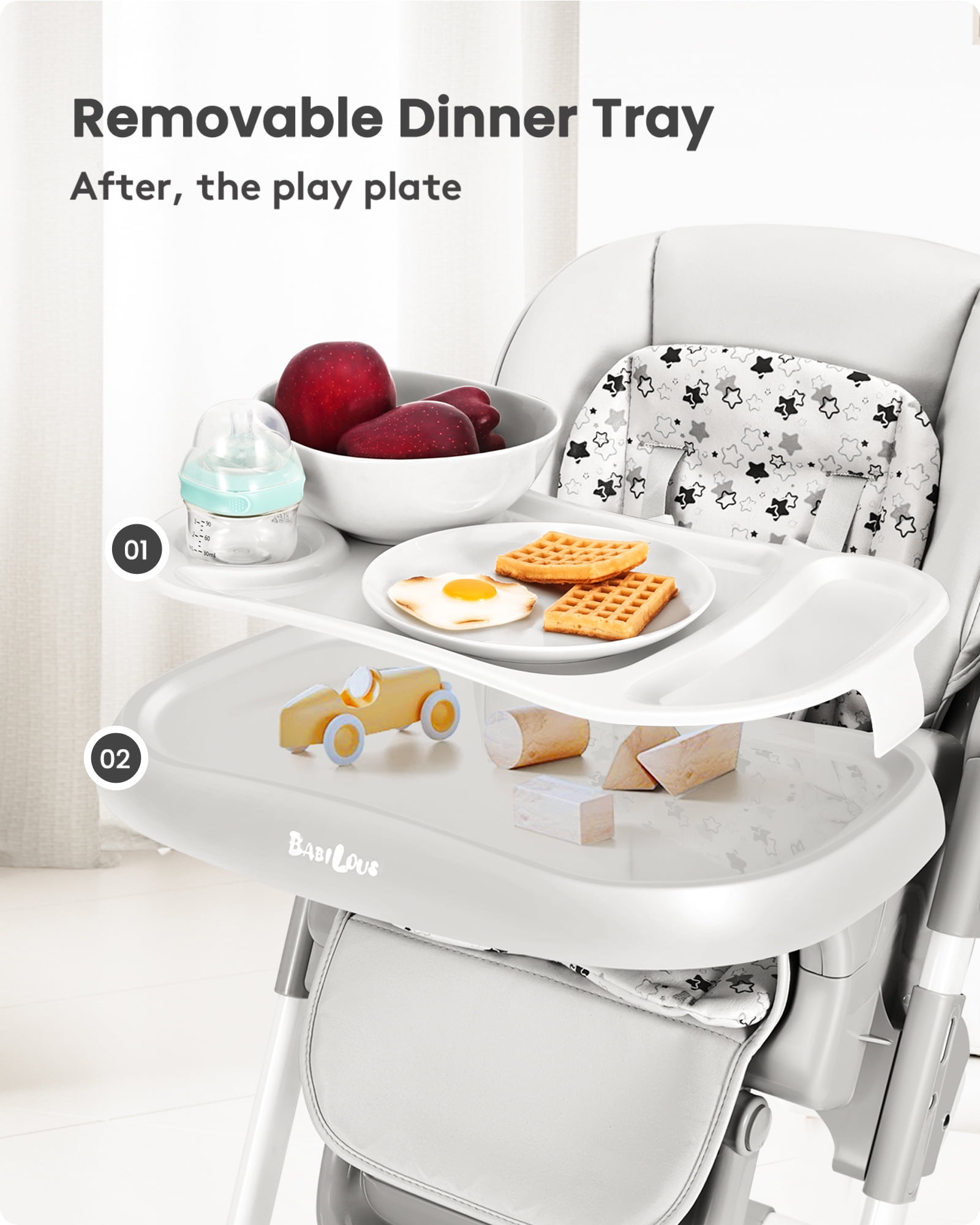 Babilous Foldable High Chair with Soft Cushion, High Chairs for Babies and Toddlers, Height Adjustable Feeding Chair, Adjustable Backrest and Footrest, Lockable Wheels, Gray