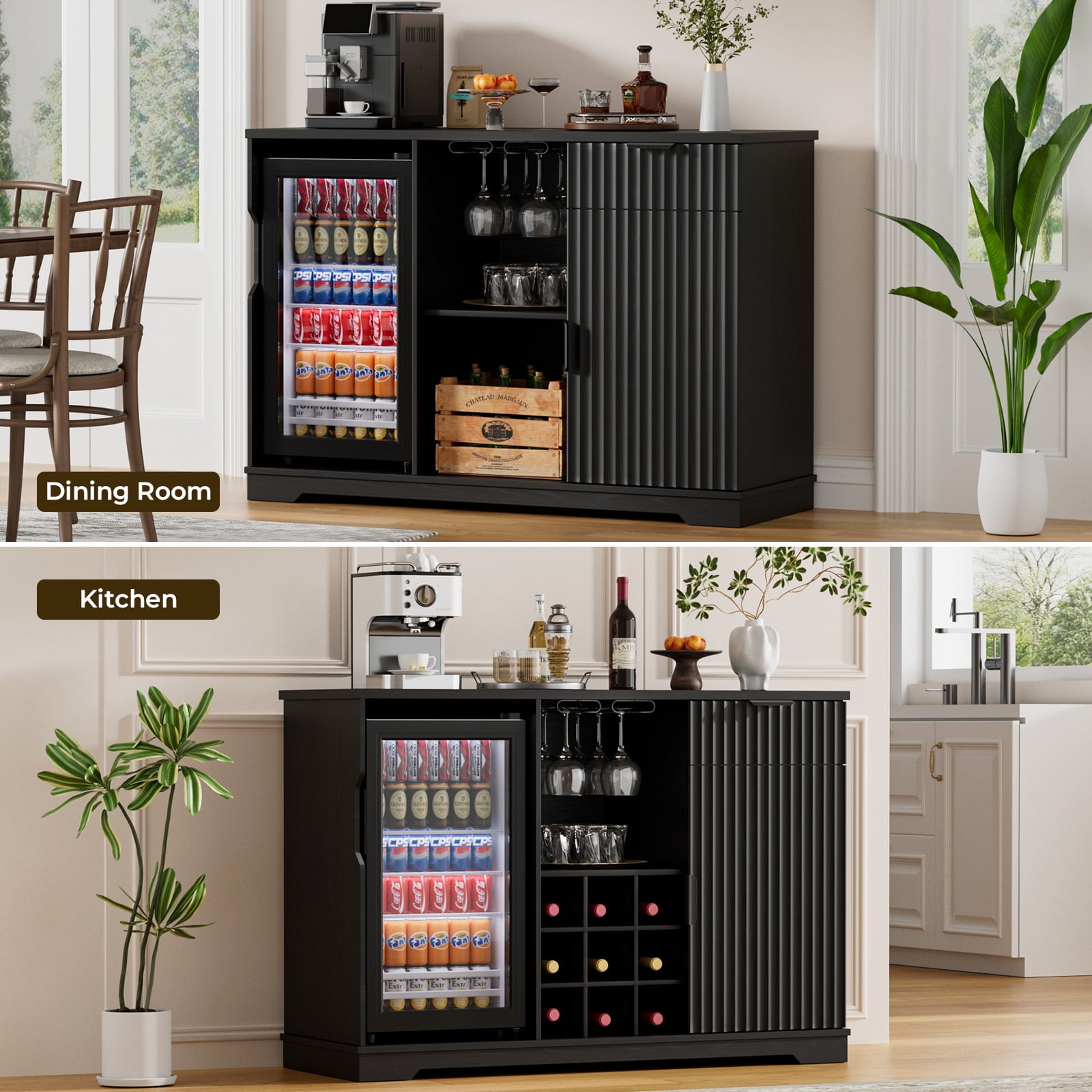 BROTTAR Fluted Wine Bar Cabinet with Fridge (Fridge Included), 47" Coffee Bar Cabinet with Wine Rack and Glass Holder, Liquor Cabinets with Drawer & Storage, Home Bar for Dining Room Kitchen, Black