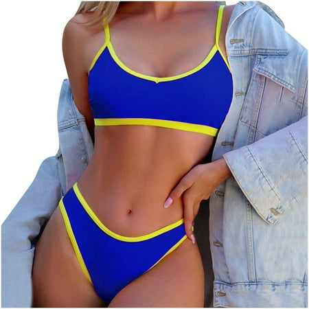 UTSJKR Deals Women High Waisted 2 Piece Bikini Set Cheeky High Cut Bandeau Swimsuit Contrast Binding High Cut Bathing Suit Blue S