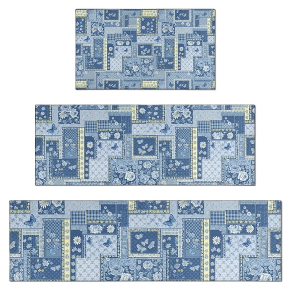 Pioneer Flower Floral Print Pattern Kitchen Rugs Sets Of 3,Kitchen Runner Rugs Non Skid Washable,Decorative Kitchen Floor Mats for Kitchen,Sink,Laundry,17X30 Inch   17X47 Inch   17X59 Inch