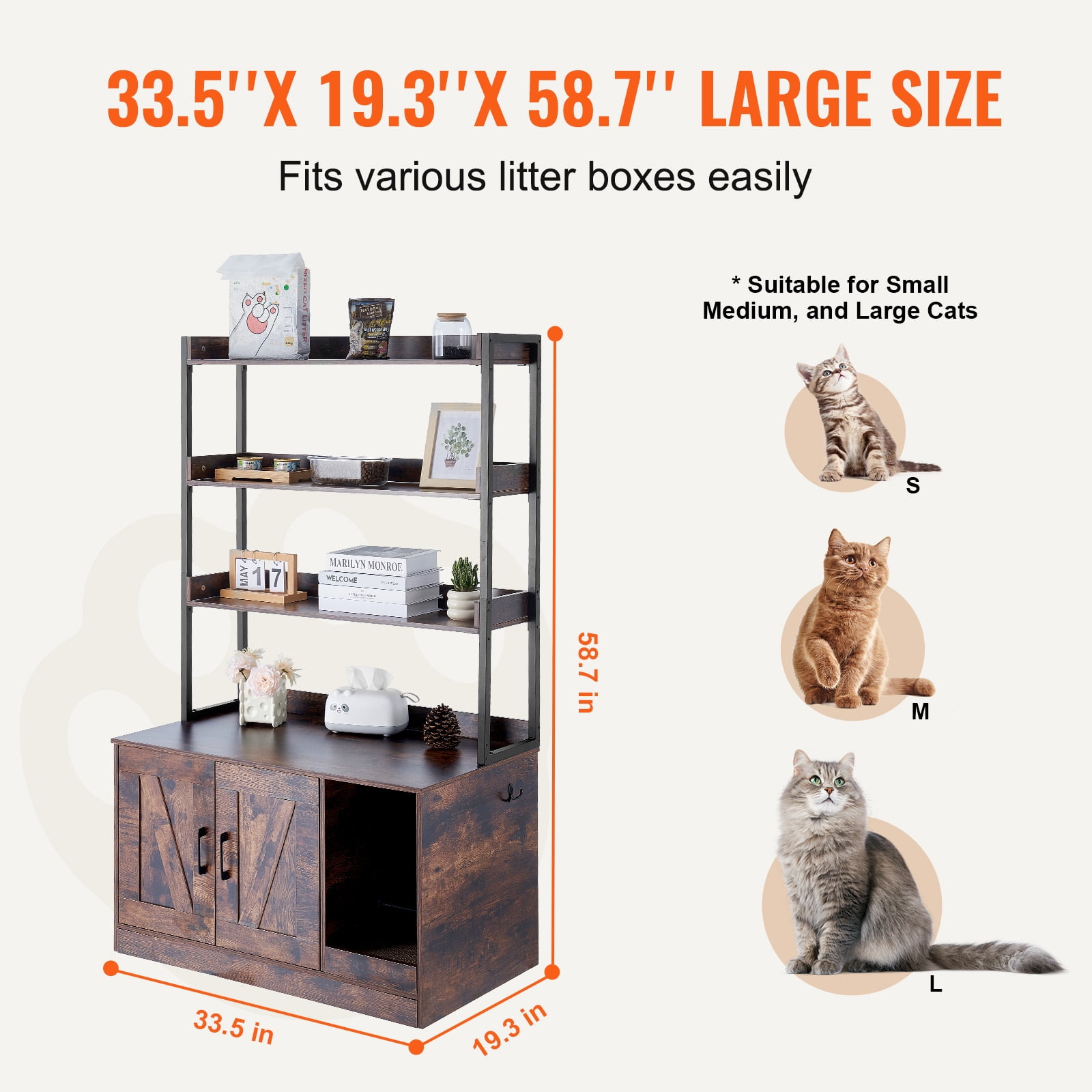 KFFKFF Litter Box Cabinet, Concealed Cat Toilet with Triple Storage, Wood Pet Bathroom for Indoors, Spacious Kitty Enclosure, 33.5"L x 19.3"W x 58.7"H, in Dark Brown