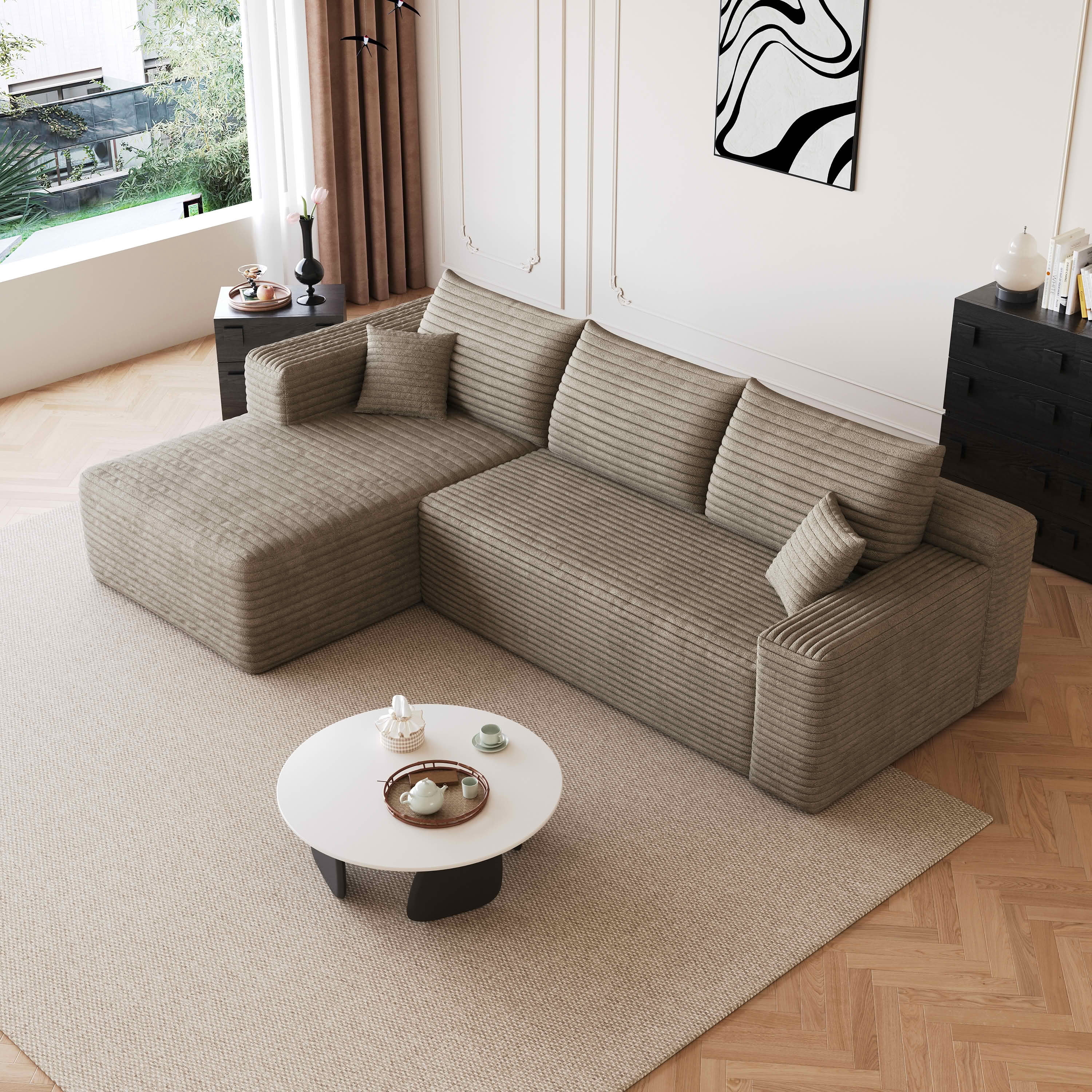 MAYEERTY 95" Cloud Sectional Sofa, U-Shaped Corduroy Upholstered Deep Seat Couch, No Assembly for Living Room, Brown