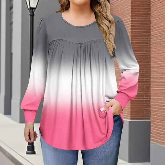 Uootdi Plus Size Clothes for Women Fall Long Sleeve Shirts Floral Printed Peplum Flowy Gift Pleated Gradient Front Crew NeckCasu al