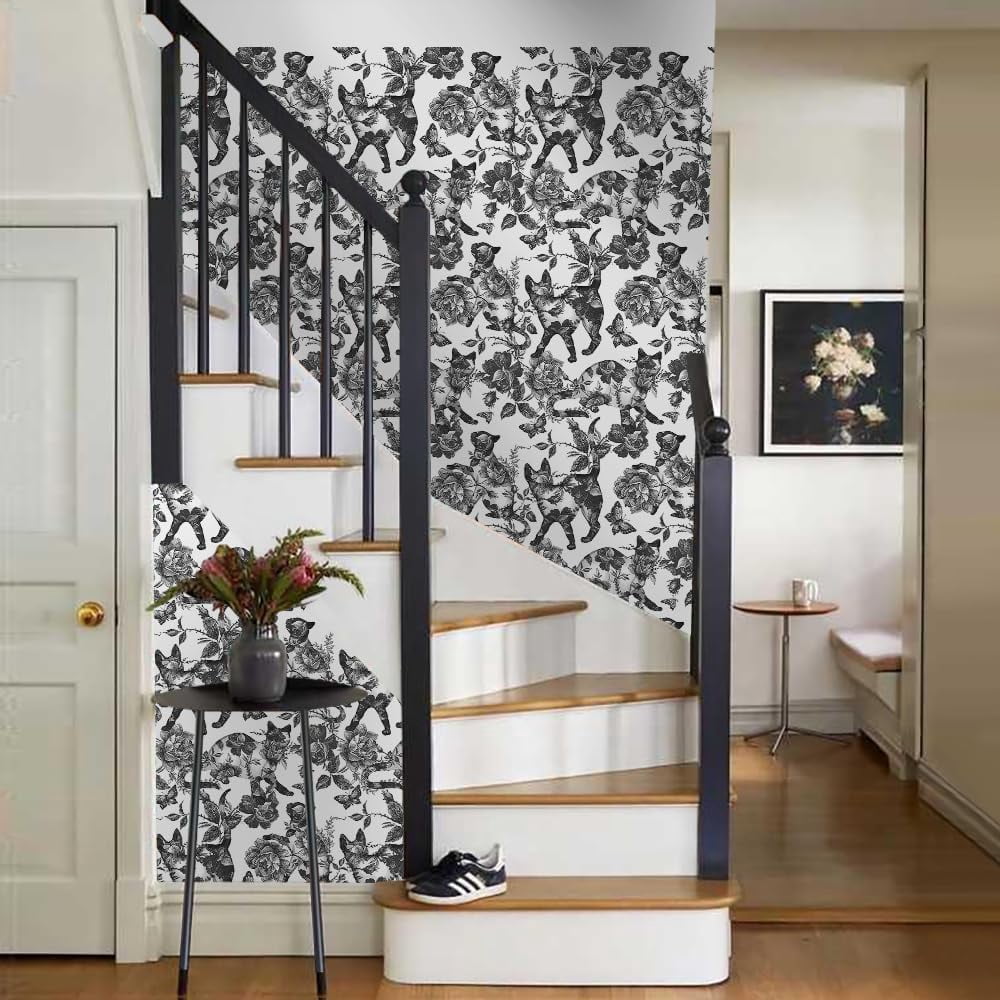 Black White Vintage Floral Cat Animals Butterfly Peel and Stick Wallpaper Self Adhesive Removable Easy Peel Off Contact Paper Stick on Wall Paper for Bedroom Cabinet Renter Friendly