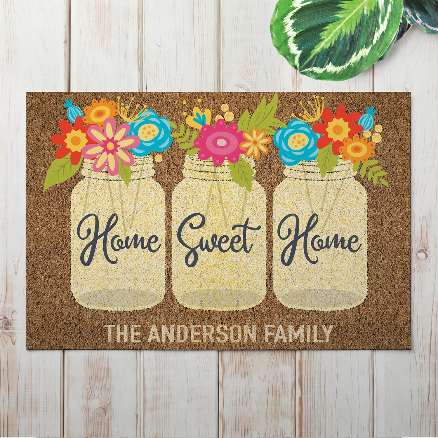 Personalized Planet 27x18 Home Sweet Home Mason Jars with Spring Flowers Doormat with Custom Family Name Printed on Brown Rectangular 1/4” Thick Non Slip Mat for Kitchen Hallway Deck or Porch