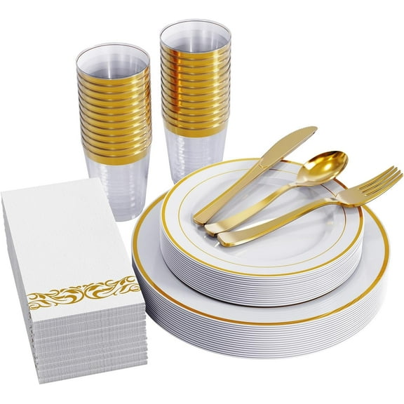 175 pieces of dinner cutlery set, suitable for 25 guests - disposable plastic plates, heavy-duty, including 25 dinner and salad plates, cups, and cutlery set for wedding parties