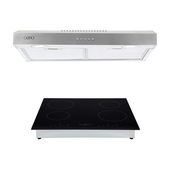 Campana de cocina de pared de acero inoxidable 75cm Thory + Parrilla eléctrica de inducción 4 quemadores Kepler