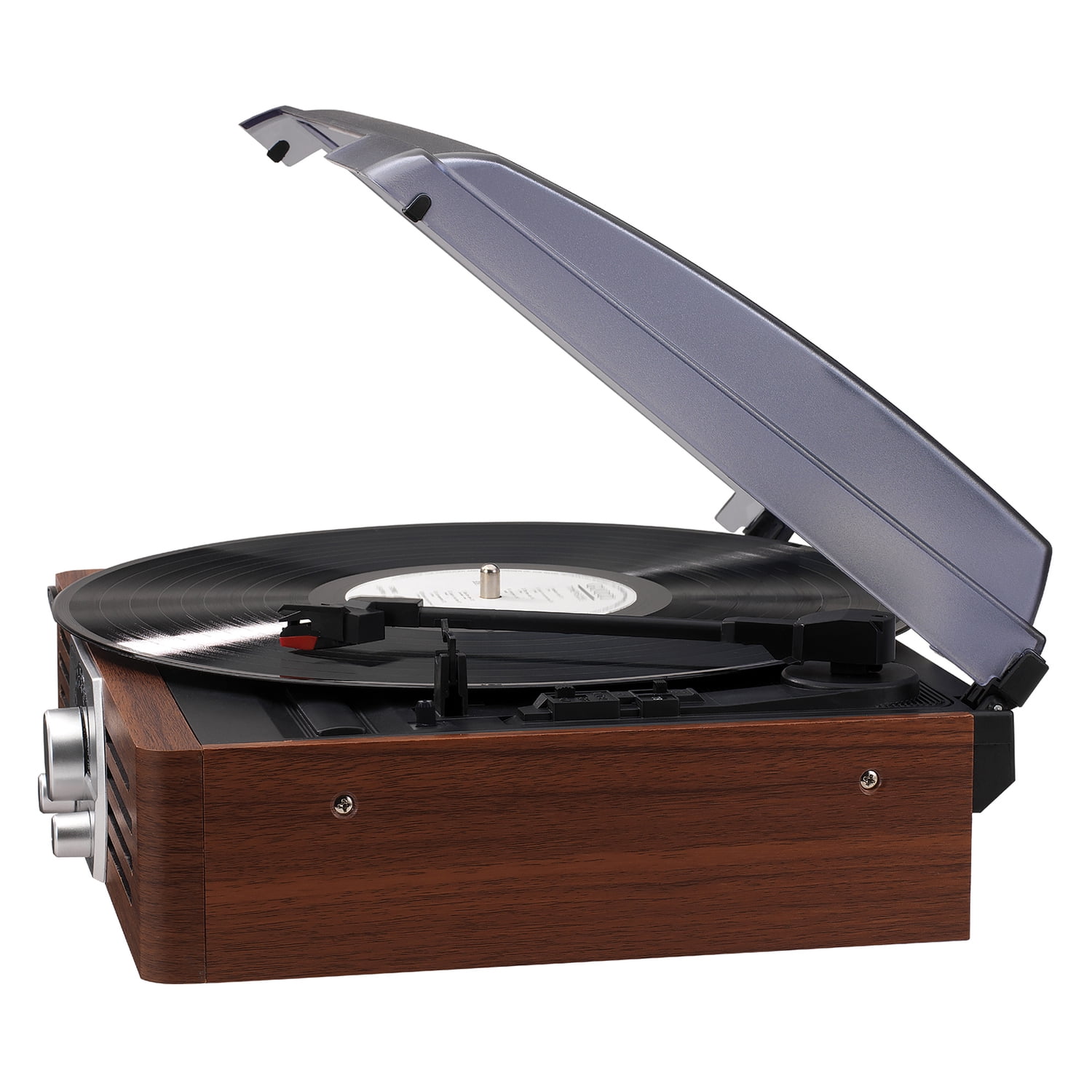JENSEN 3-Watt 3-Speed Belt-Drive Manual Retro Turntable with Built-in Speakers, Pitch Control, AM/FM Radio, Antique Wood Case Design, JTA-222