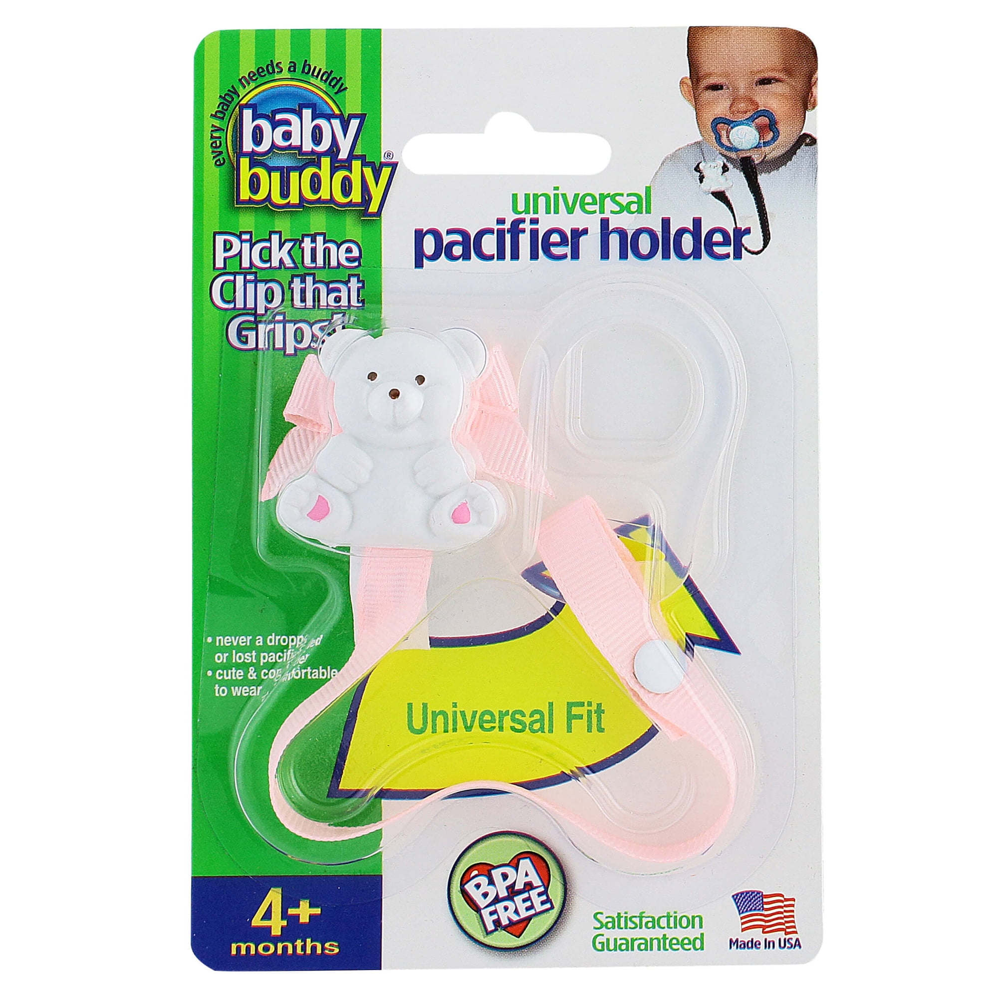 Baby Buddy Universal Pacifier Holder Clip- Snaps to Paci or Attach with Universal Fit Silicone Ring, 4+Mo Light Pink 1pk