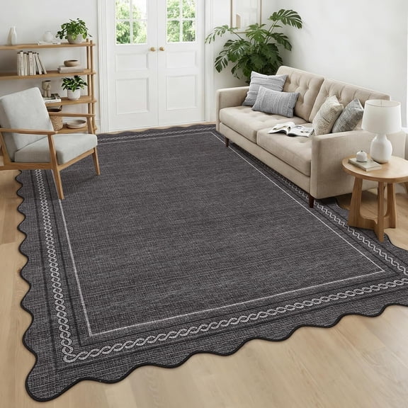 4x6 Washable Non Slip Low Pile Area Rug for Living Room Scalloped Edge Black
