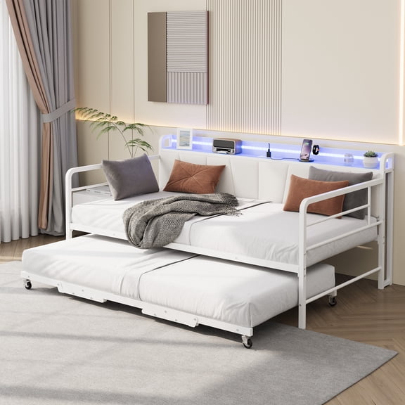 Twin Daybed with Trundle, Charging Station and LED Light, Linen Upholstered Storage Headboard, Heavy Duty Metal Bed Frame with Pop Up Trundle Bed