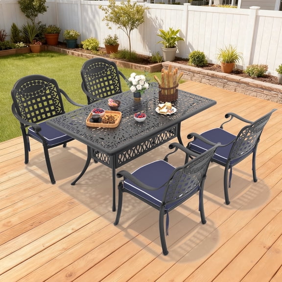 Hzzkey 5-Piece 58.27" L Rectangular Outdoor Dining Set with Umbrella Hole, 4 Strackable Chairs with Blue Cushions