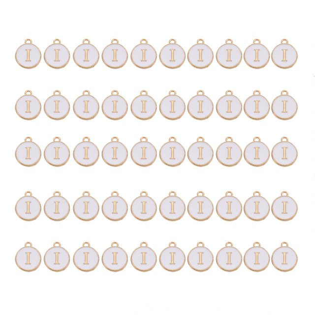Golden Plated Alloy Charms with Enamel Enamelled Sequins Flat Round White Letter.I 14x12x2mm Hole: 1.5mm 50pcs/Box