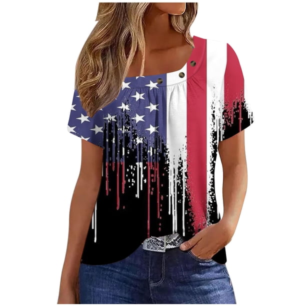Fiudx Liquidación de Ahorros de Verano Camiseta Plisada con Cuello Estampado de Manga Corta Del Día de La Independencia para Mujer