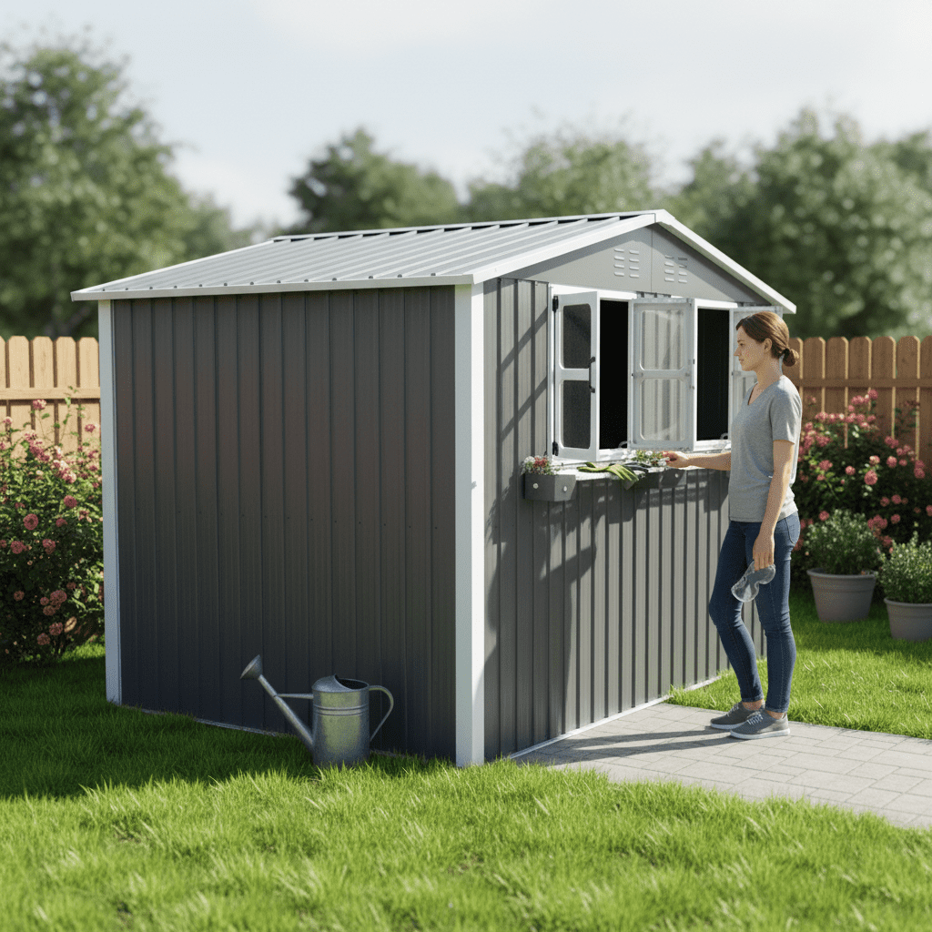 Mintazer 6×9ft Modern Metal Outdoor Storage Shed with Windows & Lockable Doors, Waterproof Weatherproof Garden Shed for Backyard Patio, Gray