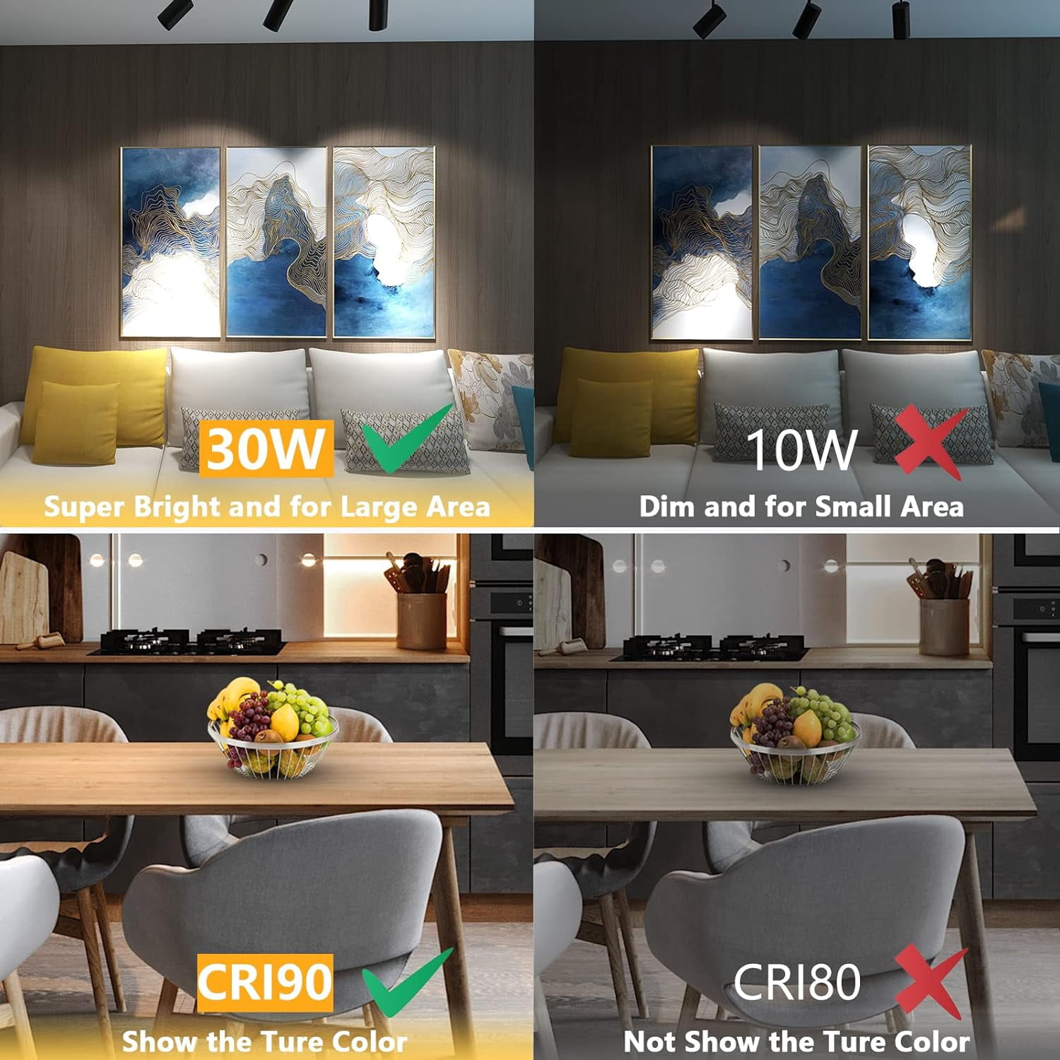 VANoopee 3-Color 30W H Track Lighting Heads Dimmable Bright LED Track Lighting Fixtures Accent Task Retail Kitchen Ceiling Spotlight Track Light H Type Pack of 4 - Flicker Free CRI90+ 36° 3000lm Black
