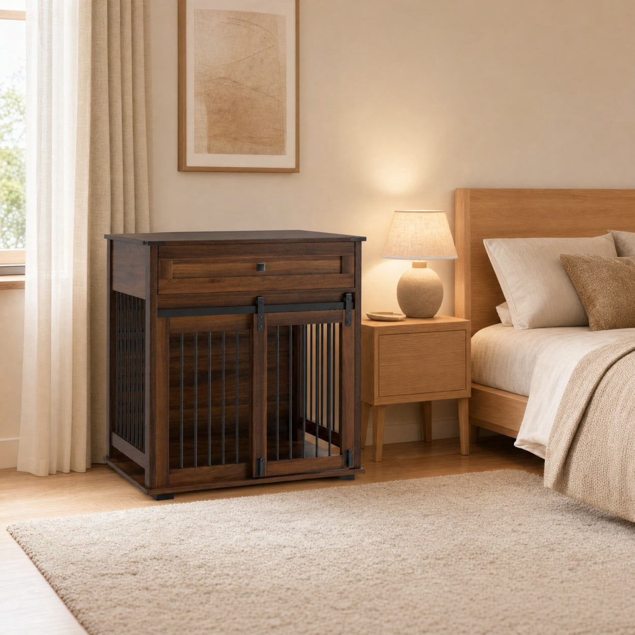 Dog Crate Furniture with Sliding Barn Door, Storage Drawer & Metal Bars, Heavy Duty Indoor Kennel End Table for Small & Medium Dogs, Walnut