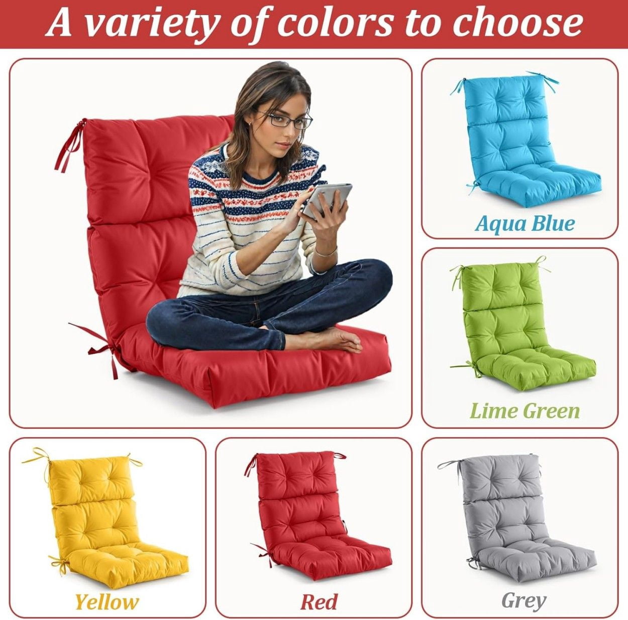 Outdoor Patio Chair Cushion, High Back Chair Cushion with String Ties, Spring/Summer Seasonal All Weather Replacement Rocking Chair Cushion, Adirondack Chair Cushion