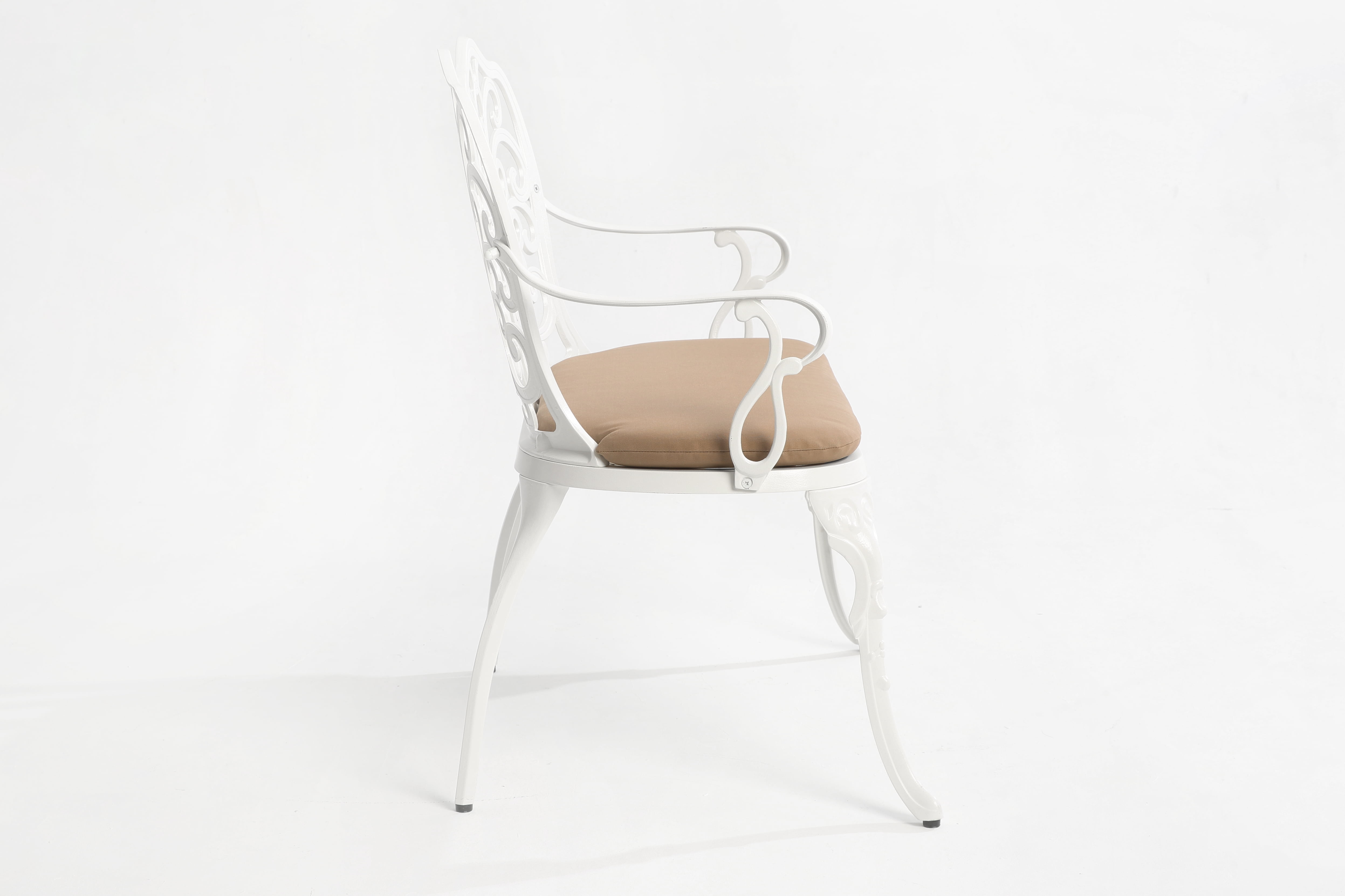 Cast Aluminum Outdoor Bench with Floral Rose Backrest and Cushion, Weather-Resistant Park Bench for Patio and Garden, White